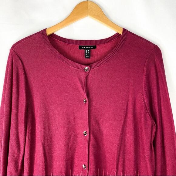H by Halston Ombre Cardigan Sweater Women M Mulberry Red Ribbed Career Preppy - Picture 3 of 7
